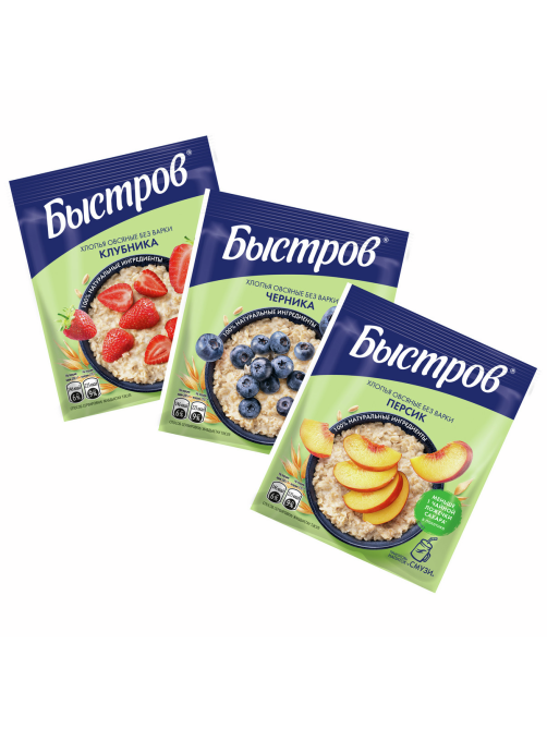 Каша Быстров Ассорти овсяная черника, клубника, персик без варки 6шт, 240г