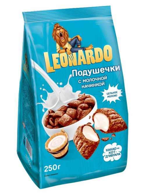 Готовый завтрак Leonardo Подушечки с молочной начинкой, 250г