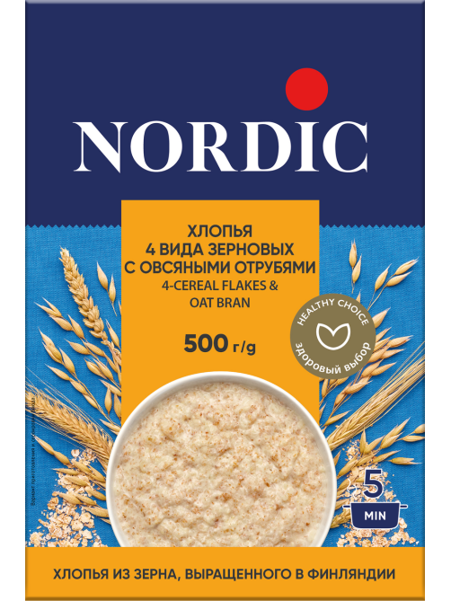 Хлопья Nordic 4 вида зерновых-овсяные отруби, 500г