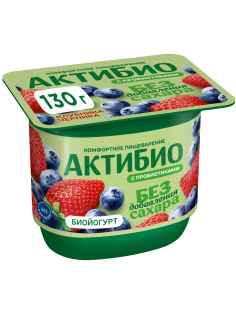 Йогурт Актибио безлактозный с клубникой и черникой без сахара 3%, 130г