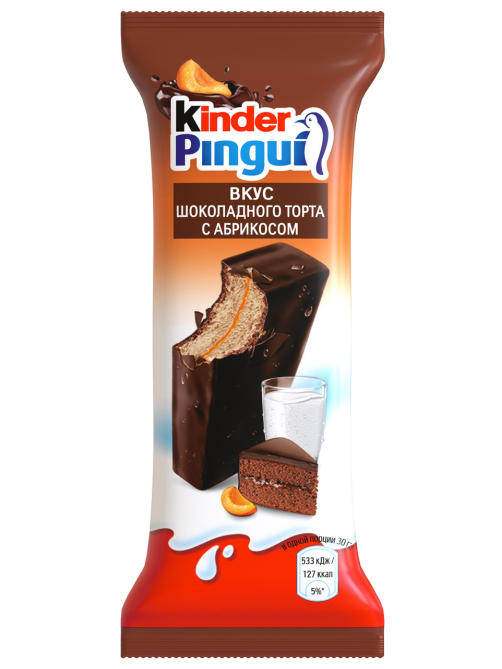 Пирожное бисквитное Kinder Pingui с молочной начинкой покрытое шоколадной глазурью со вкусом шоколадного торта с абрикосом, 30г