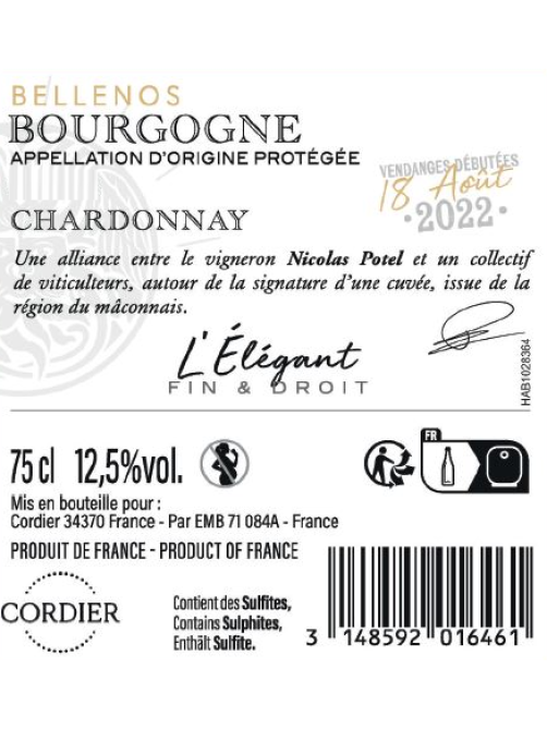 Вино Bellenos Bourgogne Chardonnay белое сухое, 0.75л