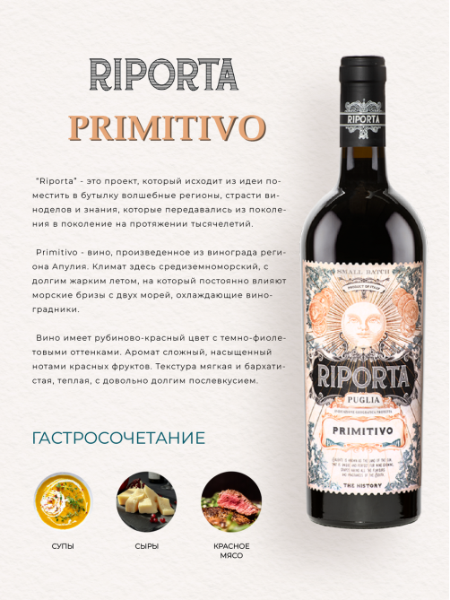 Вино Riporta Primitivo красное полусухое, 0.75л