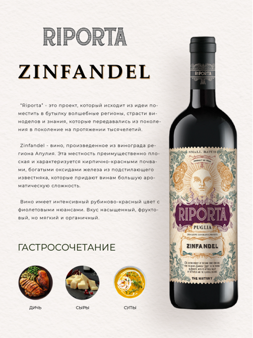 Вино Riporta Zinfandel красное полусухое, 0.75л