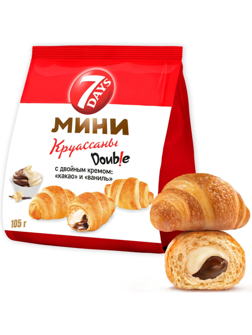 Мини-круассаны 7 Days Double c двойным кремом какао и ваниль, 105г