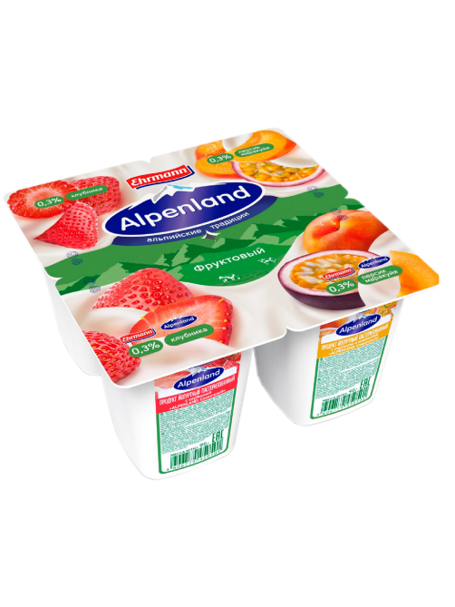 Йогуртный продукт Alpenland клубника, персик и маракуйя 0.3%, 95г
