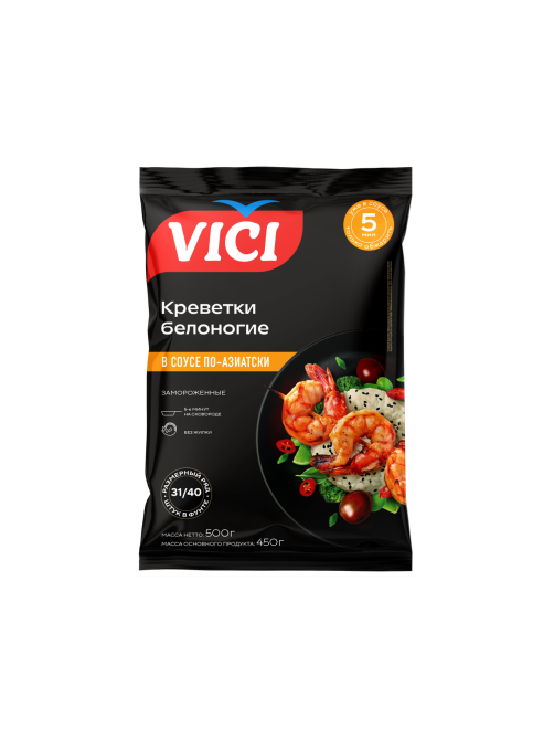 Креветки Vici белые премиум очищенные в соусе по-азиатски 31/40, 500г