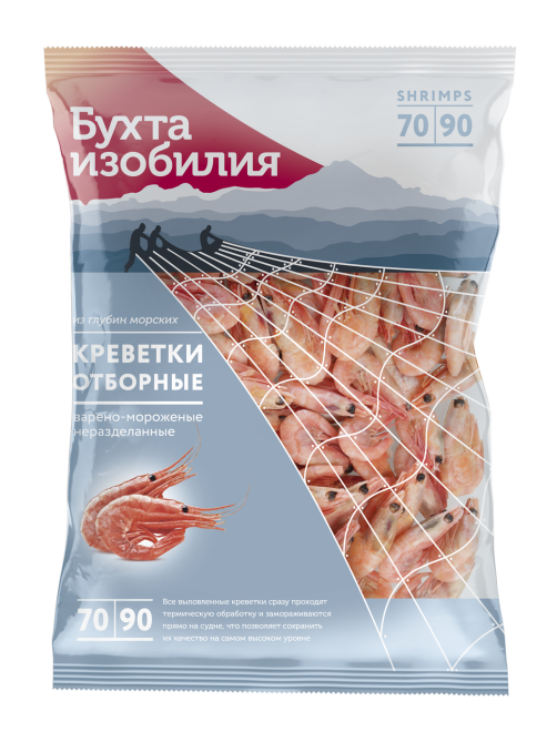Креветки Бухта изобилия отборные неразделанные варено-мороженые 70/90+, 850г