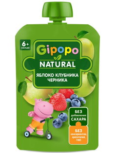 Пюре фруктовое детское Gipopo Яблоко, клубника и черника с 6 месяцев, 90г