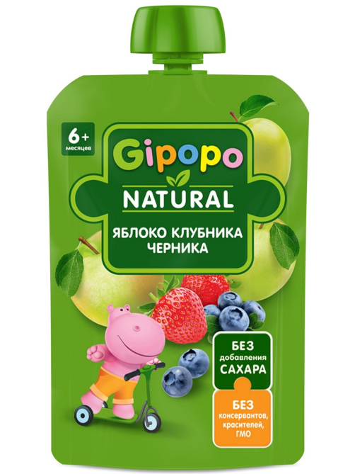 Пюре фруктовое детское Gipopo Яблоко, клубника и черника с 6 месяцев, 90г