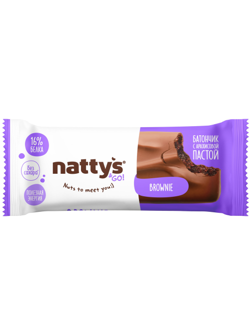 Батончик протеиновый Nattys Brownie Шоколад-арахисовая паста-какао без сахара без глютена, 45г