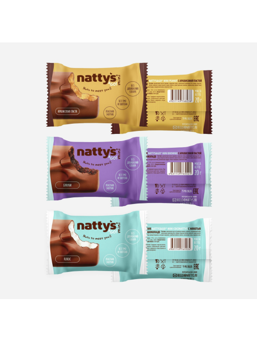 Батончик протеиновый Nattys&Go Mini Mix Арахис-брауни-кокос без сахара без глютена, 20г