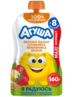 Пюре фруктовое детское Агуша Яблоко, банан, клубника, земляника и злаки с 8 месяцев, 160г