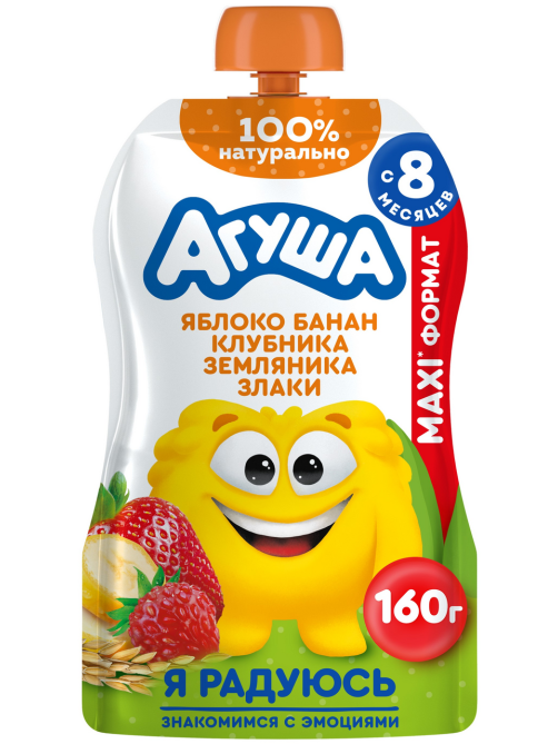 Пюре фруктовое детское Агуша Яблоко, банан, клубника, земляника и злаки с 8 месяцев, 160г
