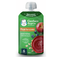 Пюре фруктово-зерновое детское Gerber яблоко, черника и овсяная каша, 110г
