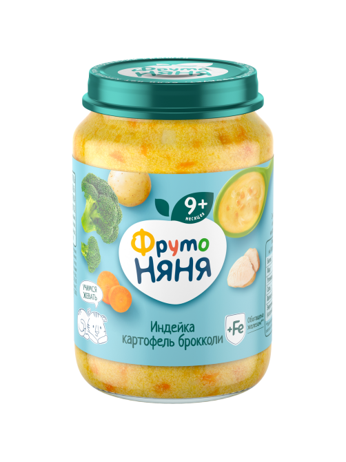 Пюре мясо-растительное детское ФрутоНяня Индейка, картофель и брокколи с 9 месяцев, 190г
