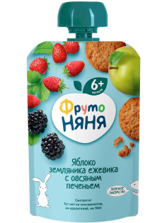 Пюре фруктовое детское ФрутоНяня Яблоко, земляника, ежевика и овсяное печенье с 6 месяцев, 90г