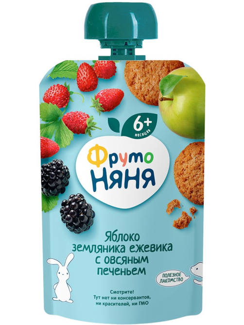 Пюре фруктовое детское ФрутоНяня Яблоко, земляника, ежевика и овсяное печенье с 6 месяцев, 90г
