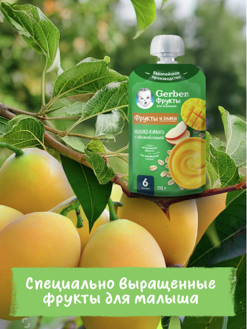 Пюре фруктово-зерновое детское Gerber яблоко, манго и овсяная каша, 110г