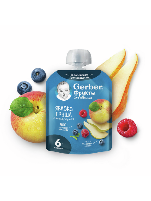 Пюре фруктовое детское Gerber Яблоко, груша, малина и черника с 6 месяцев, 90г