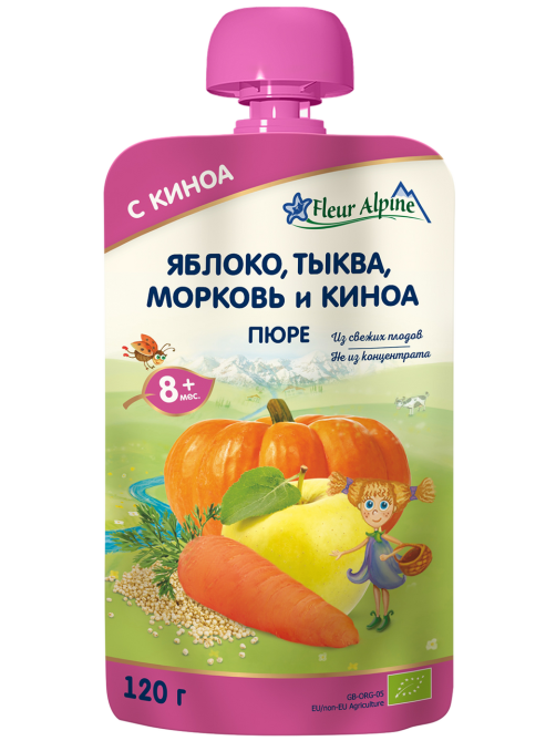 Пюре фруктово-овощное детское Fleur Alpine Яблоко, морковь, тыква и киноа с 8 месяцев, 120г