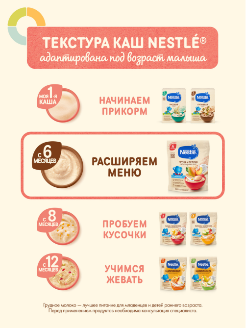 Каша молочная детская Nestle Мультизлаковая Груша и персик с 6 месяцев, 200г