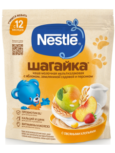 Каша молочная детская Nestle Мультизлаковая Яблоко, земляника и персик с 12 месяцев, 190г
