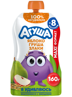 Пюре фруктовое детское Агуша Яблоко, груша и злаки с 8 месяцев, 160г