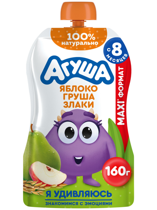 Пюре фруктовое детское Агуша Яблоко, груша и злаки с 8 месяцев, 160г