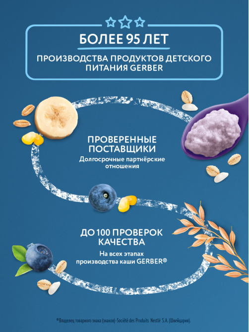Каша молочная детская Gerber Мультизлаковая Черника и банан с 6 месяцев, 180г