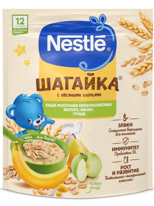 Каша молочная детская Nestle Шагайка Мультизлаковая Яблоко, банан и груша с 12 месяцев, 190г
