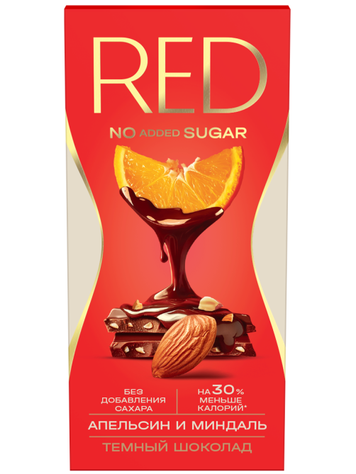 Шоколад Red Delight темный с апельсином и миндалем без сахара, 70г