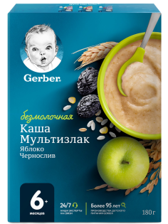 Каша безмолочная детская Gerber Мультизлаковая Яблоко и чернослив с 6 месяцев, 180г