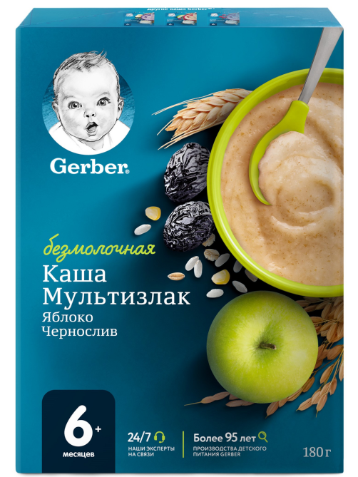 Каша безмолочная детская Gerber Мультизлаковая Яблоко и чернослив с 6 месяцев, 180г