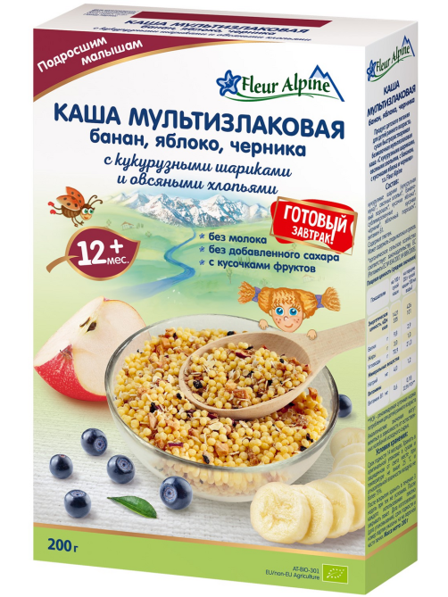 Каша безмолочная детская Fleur Alpine Мультизлаковая Банан, яблоко и черника с 12 месяцев, 200г