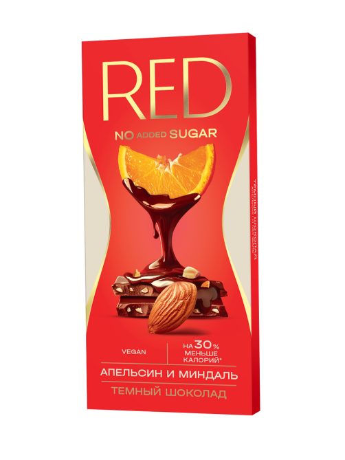 Шоколад Red Delight темный с апельсином и миндалем без сахара, 70г