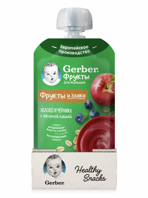 Пюре фруктово-зерновое детское Gerber яблоко, черника и овсяная каша, 110г