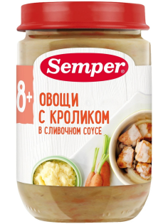 Пюре мясо-растительное детское Semper Овощи, кролик и сливочный соус с 8 месяцев, 190г