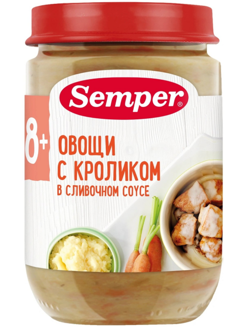 Пюре мясо-растительное детское Semper Овощи, кролик и сливочный соус с 8 месяцев, 190г