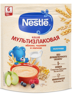 Каша молочная детская Nestle Мультизлаковая Яблоко, черника и малина с 6 месяцев, 200г