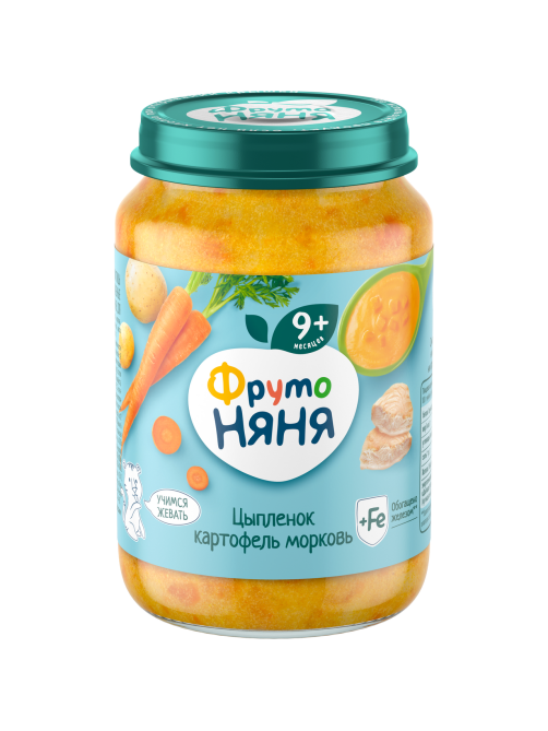 Пюре мясо-растительное детское ФрутоНяня Цыпленок, картофель и морковь с 9 месяцев, 190г
