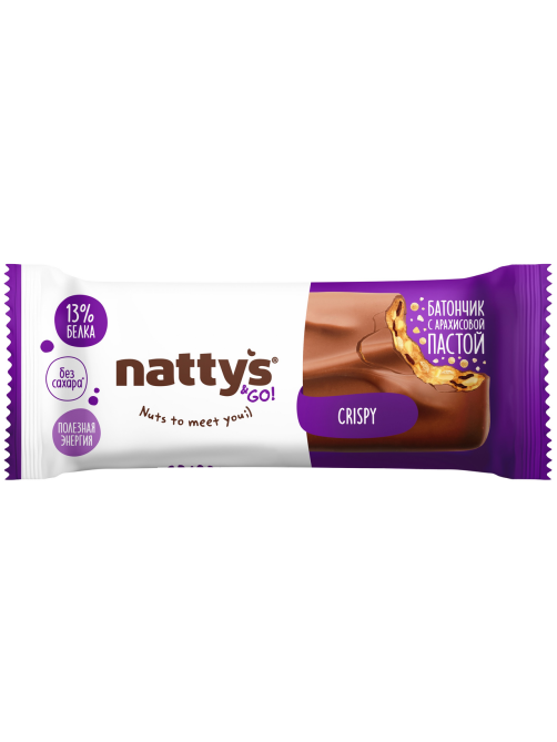 Батончик протеиновый Nattys &Go Crispy Шоколад-арахис-карамель-изюм без сахара без глютена, 45г