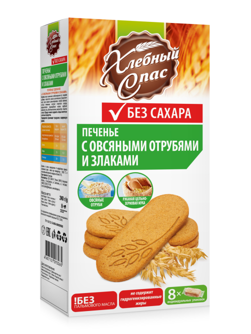Печенье Хлебный Спас с овсяными отрубями и злаками без сахара, 240г