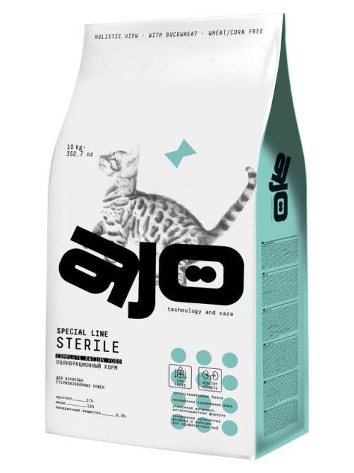 Корм сухой Ajo Sterile для кошек индейка-утка, 10кг