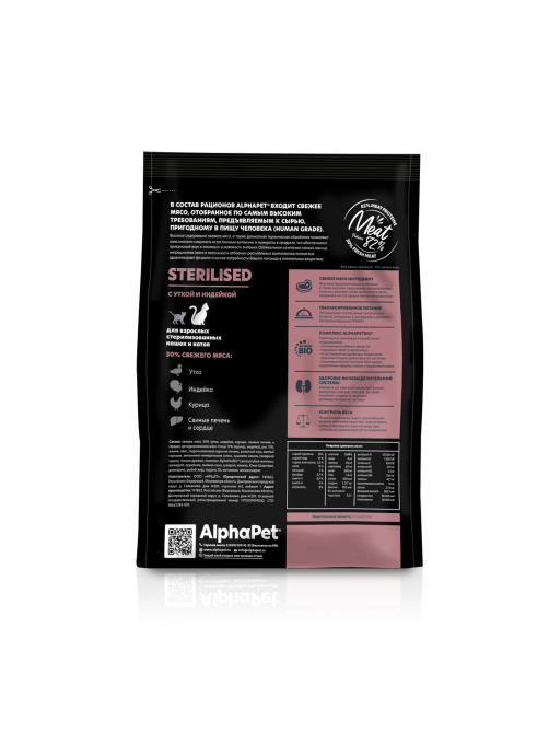 Сухой корм AlphaPet Superpremium Sterilized для взрослых стерилизованных кошек с уткой и индейкой, 400г