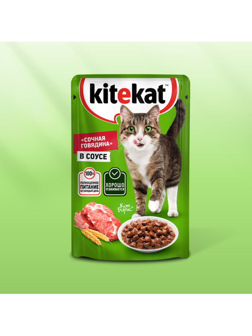 Корм влажный Kitekat для взрослых кошек с говядиной в соусе, 85г
