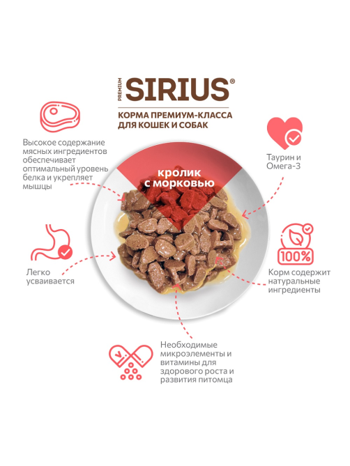 Корм влажный Sirius Premium Adult для кошек кролик-морковь, 85г