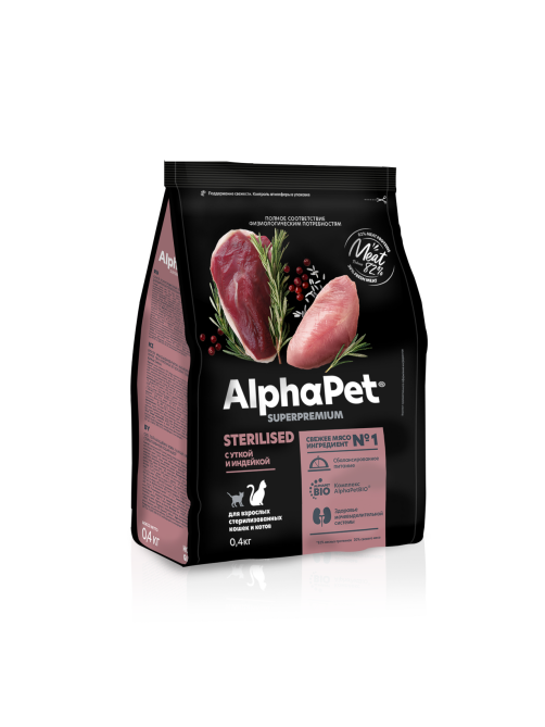 Сухой корм AlphaPet Superpremium Sterilized для взрослых стерилизованных кошек с уткой и индейкой, 400г