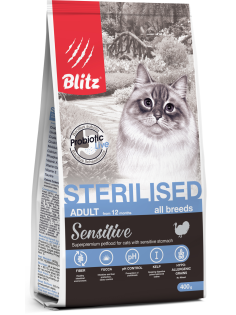 Корм сухой Blitz Sensitive для стерилизованных кошек с индейкой, 400г