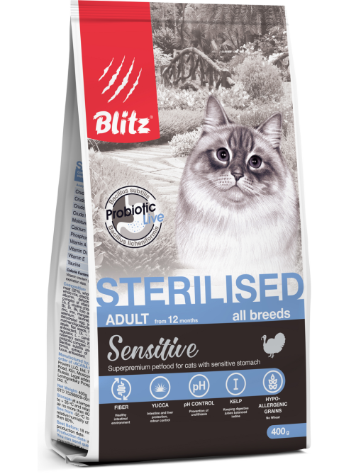 Корм сухой Blitz Sensitive для стерилизованных кошек с индейкой, 400г